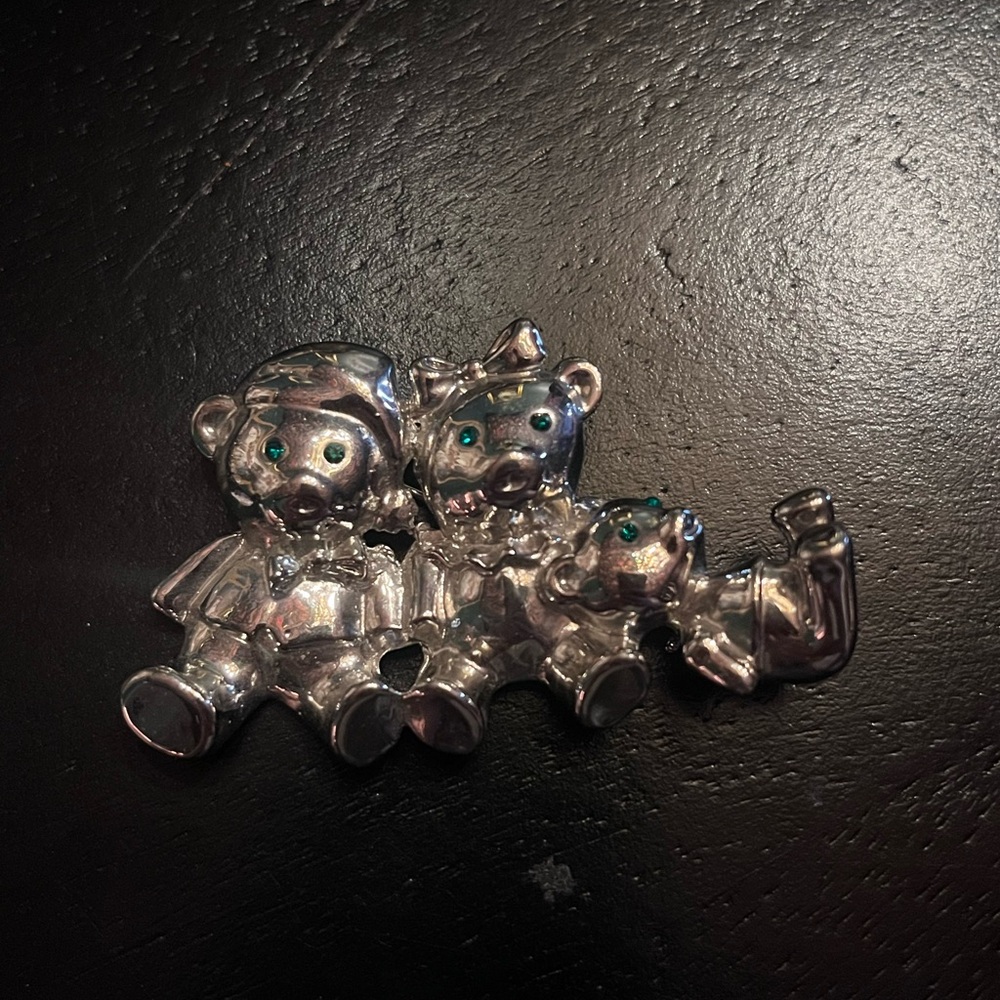 Silver Tone Bear Family Brooch with Green Rhinestone Eyes